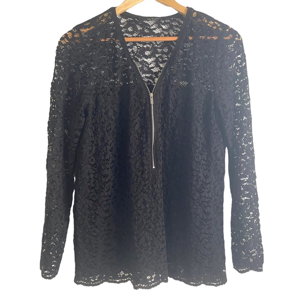 The Kooples Top Black Lace Long Sleeve Zippered Front Size Medium